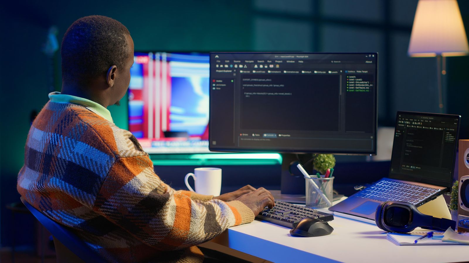 Software engineer writing code at a desk with two monitors and a laptop